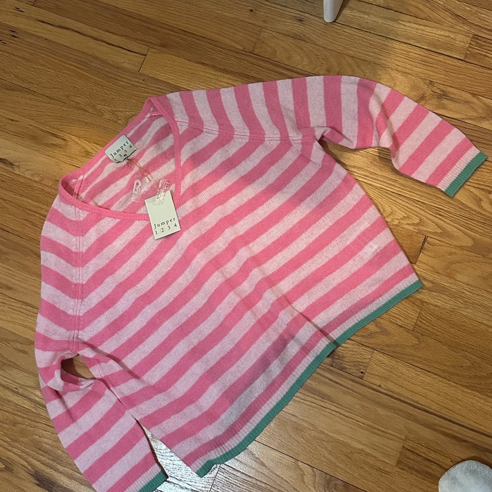 Jumper 1234 Pink and Green Striped V-Neck Sweater